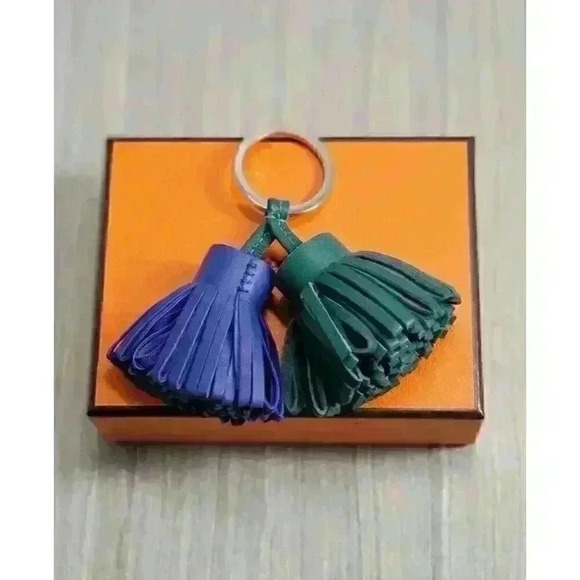 Hermes Carmen Uno-Dos Double-Tassel Keychain Electric Blue and Malachite Green - Picture 1 of 6